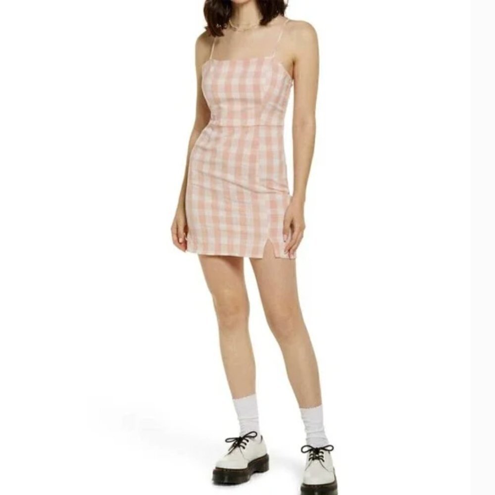 BP Women's Size Large Square Neck Sundress Coral White Gingham Plaid Stretch Y2K - Picture 2 of 14